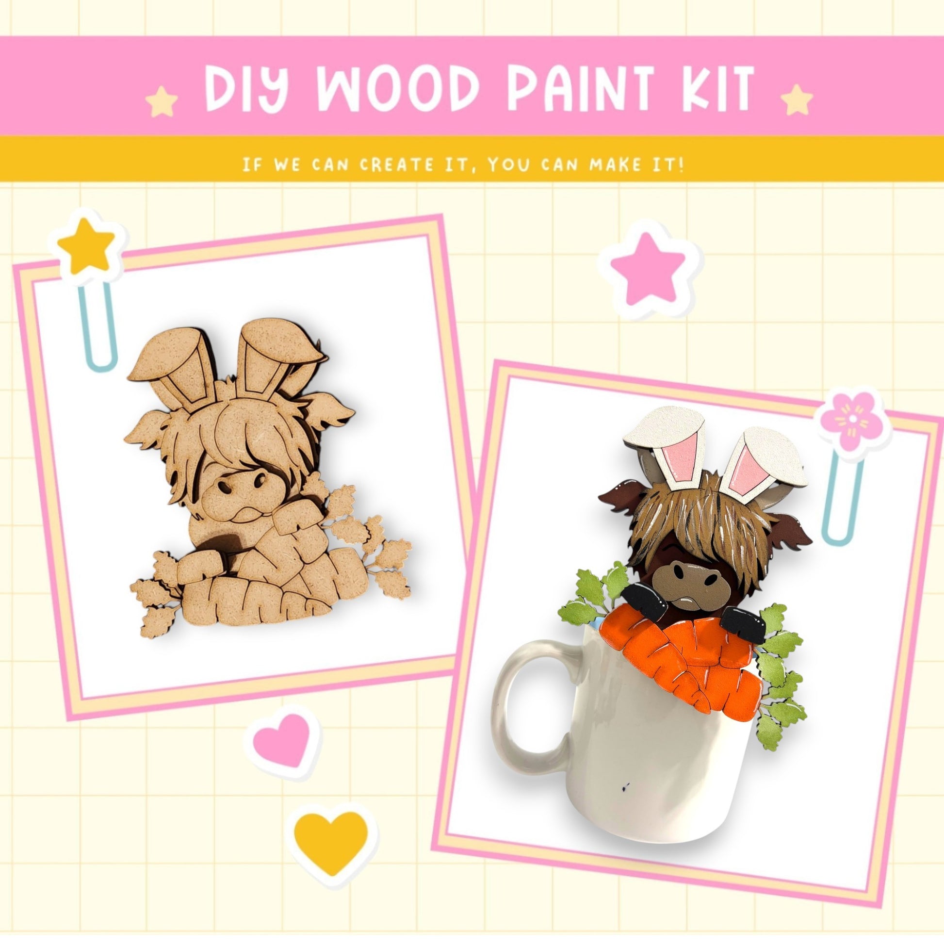 The image is a collage featuring two wooden rabbit figures, one in a brown color and the other in a white color, along with a white mug and some decorative elements.
