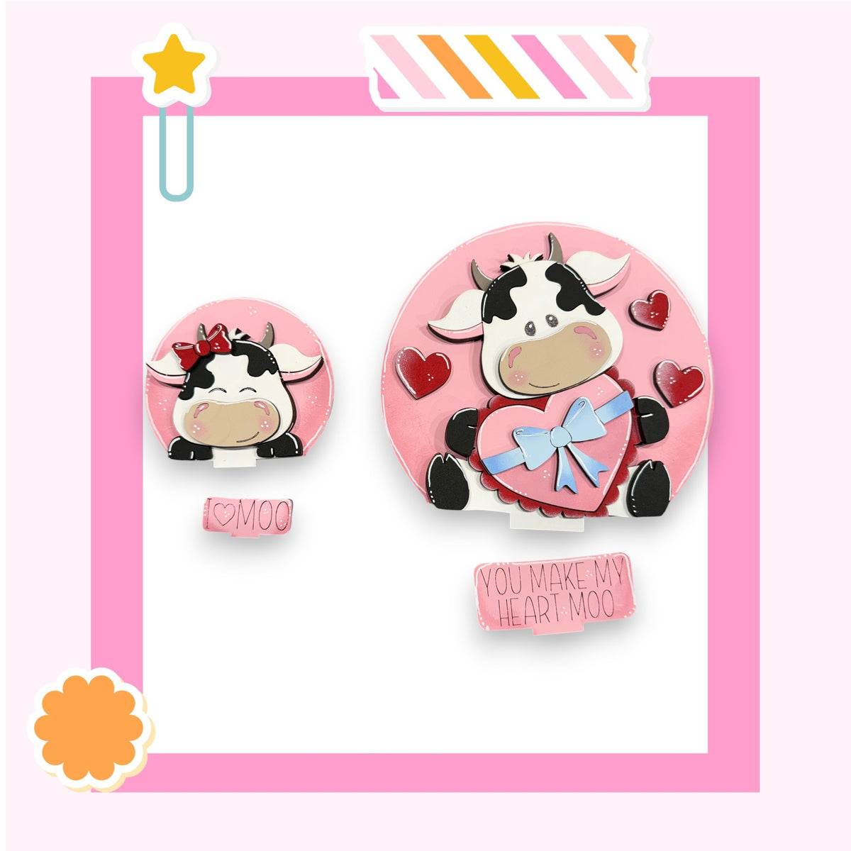 two cute cartoon cow illustrations, one larger and one smaller, both wearing heart-shaped accessories and holding a heart-shaped gift.