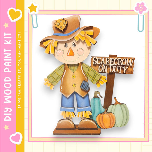 A wooden scarecrow figure holding a sign that says "Scarecrow on Duty" and surrounded by pumpkins, all set against a pink and yellow background.