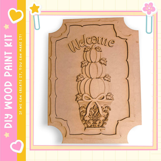 a wooden sign with the word "Welcome" carved into it, surrounded by decorative elements such as leaves and a bow.