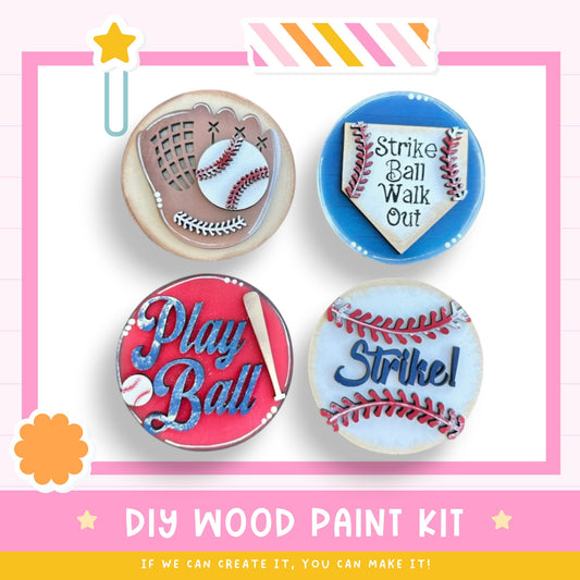 a set of four decorated cookies that say play ball, strike out, and strike