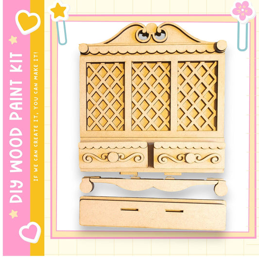 a wooden cabinet kit, which includes a wooden cabinet and its accompanying drawer. The kit appears to be a DIY project, as indicated by the text "My DIY Painted Kit" and "If we can create it, we can make it."