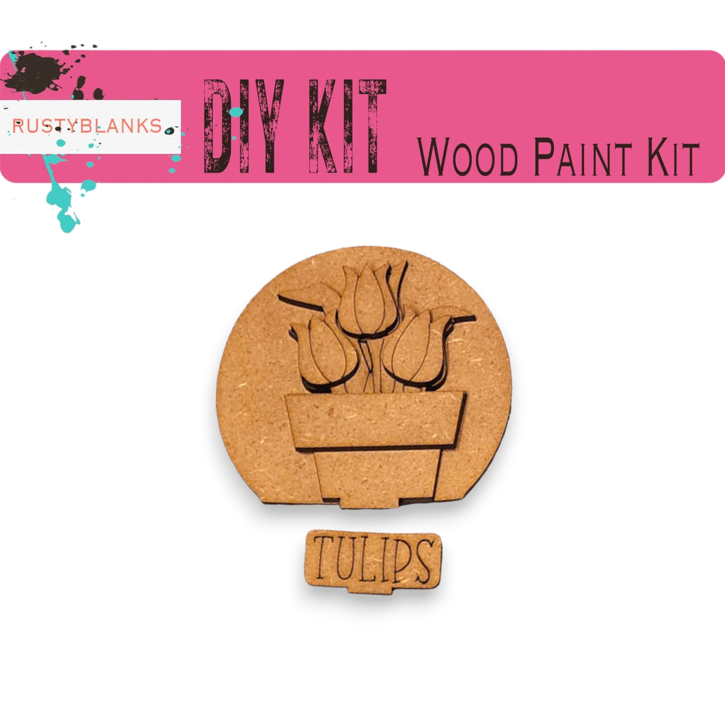 The image is a DIY kit for a wood paint kit, featuring a wooden flower pot and the word "TULIPS" written below it.
