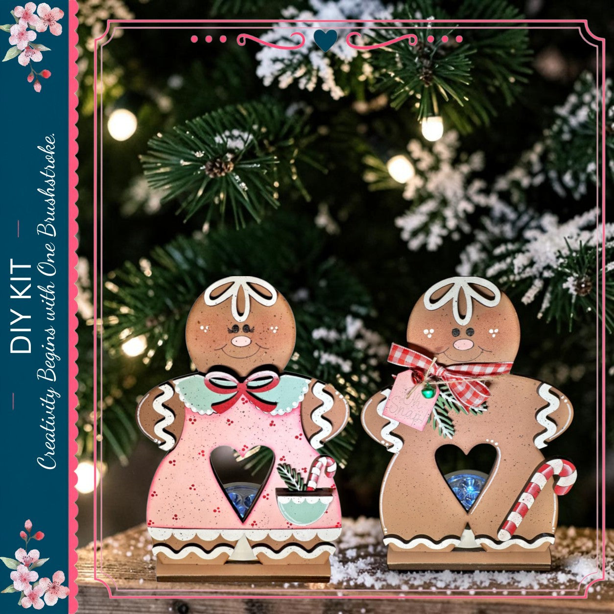 two gingerbread cookies, each with a heart-shaped cutout, sitting on a wooden surface. The cookies are decorated with pink and green accents, and they appear to be homemade. The background is a blurred image of a Christmas tree, creating a festive atmosphere.