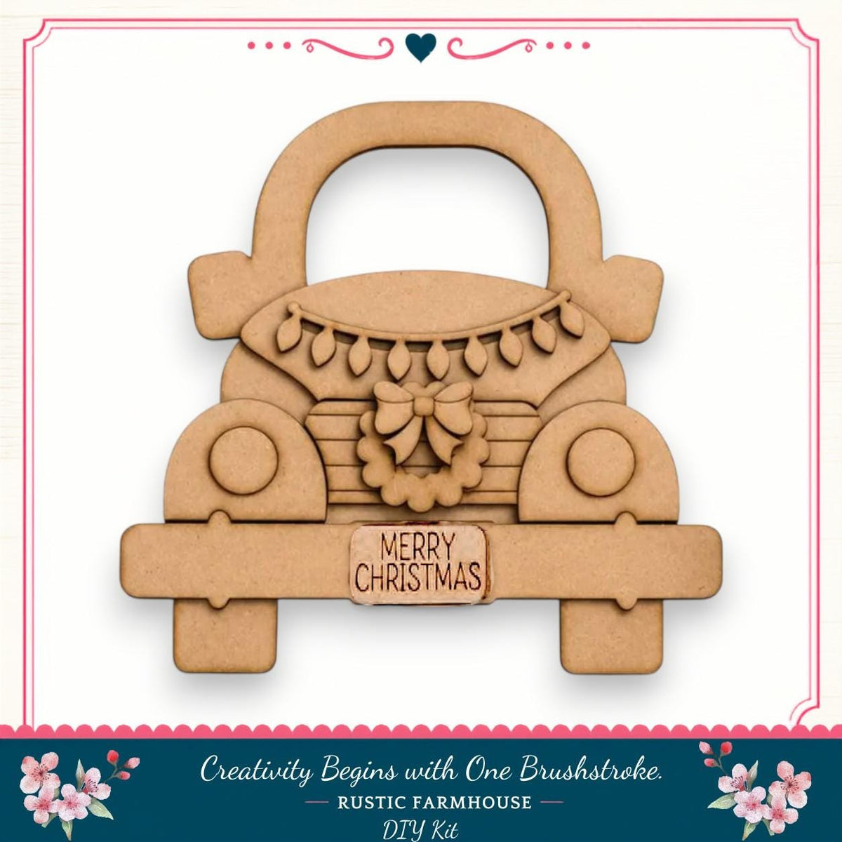 A wooden Christmas-themed car decoration with a wreath and the text "MERRY CHRISTMAS" on the front.