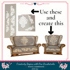 The image is a promotional graphic for a DIY kit called "Creativity Begins with One Brushstroke. Rustic Farmhouse - DIY Kit". The kit includes stencils and instructions for creating decorative designs on furniture, such as couches and chairs.