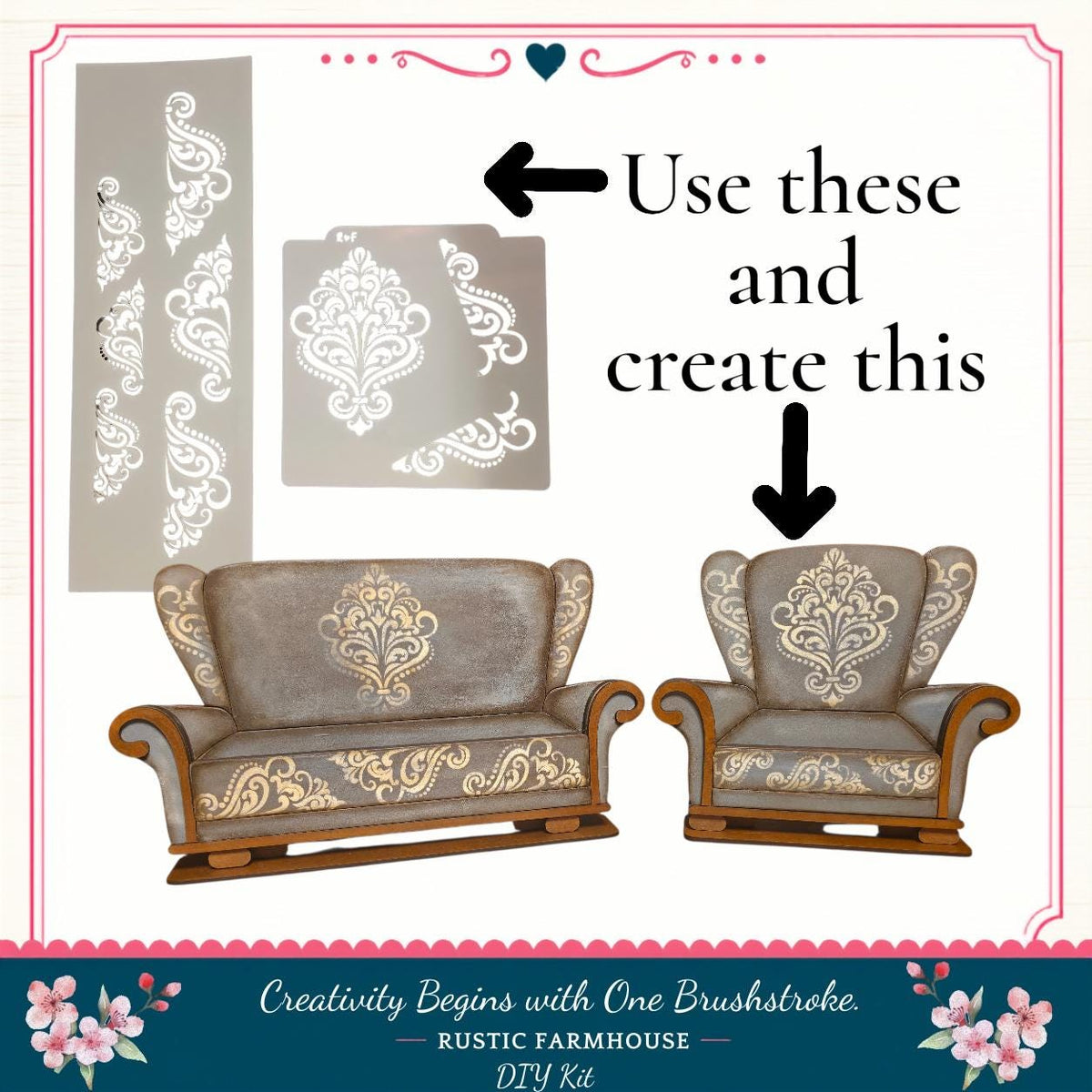 The image is a promotional graphic for a DIY kit called "Creativity Begins with One Brushstroke. Rustic Farmhouse - DIY Kit". The kit includes stencils and instructions for creating decorative designs on furniture, such as couches and chairs.
