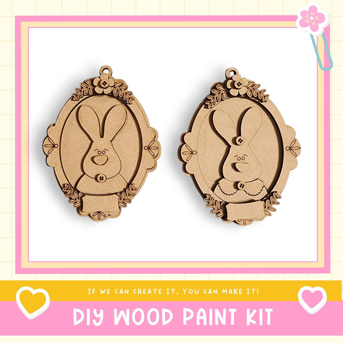 two wooden Easter ornaments, each with a rabbit design, hanging on a white background.