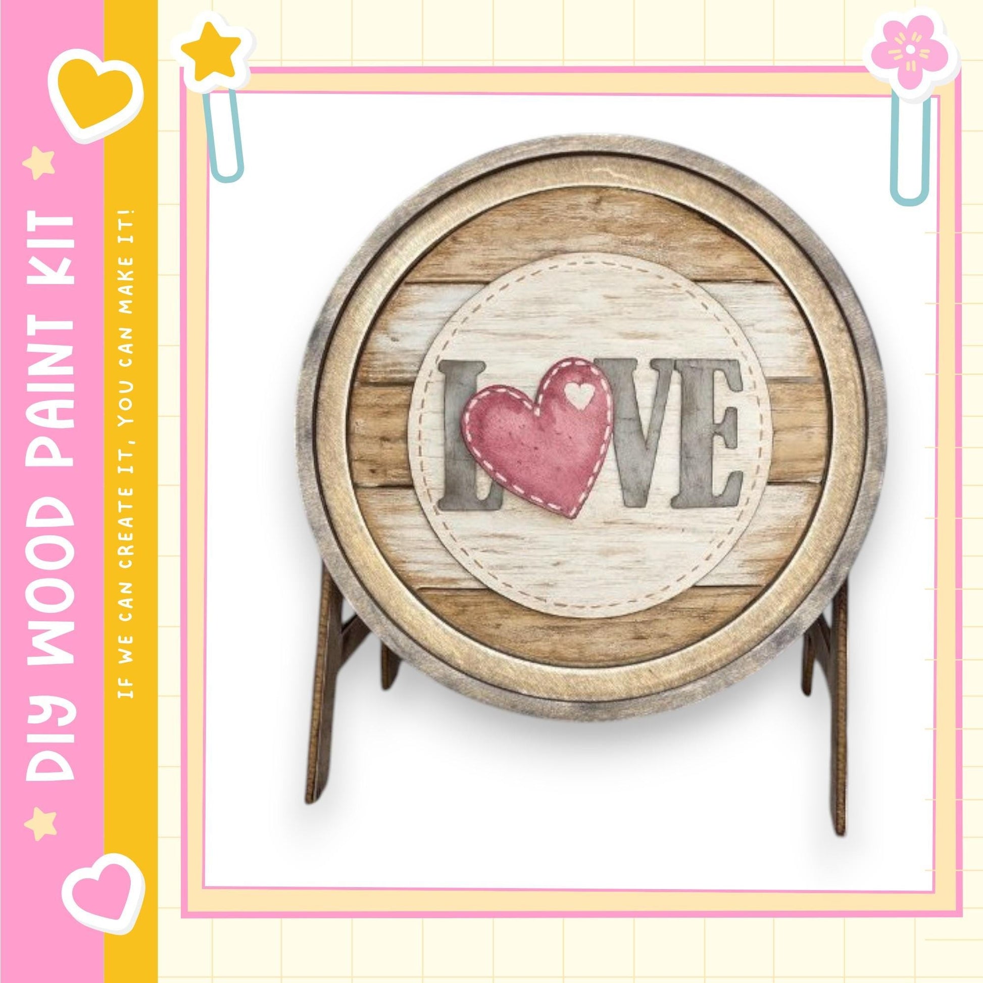 A wooden barrel with a heart-shaped cutout in the center, displaying the word "LOVE" in a decorative font.