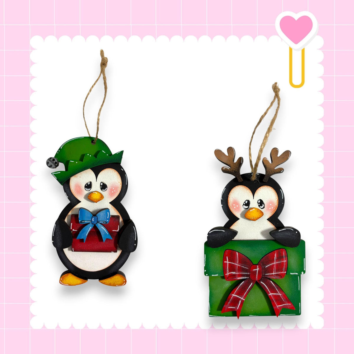 two wooden ornaments, each depicting a different animal character. One ornament is a penguin holding a gift, while the other is a reindeer with a gift box.