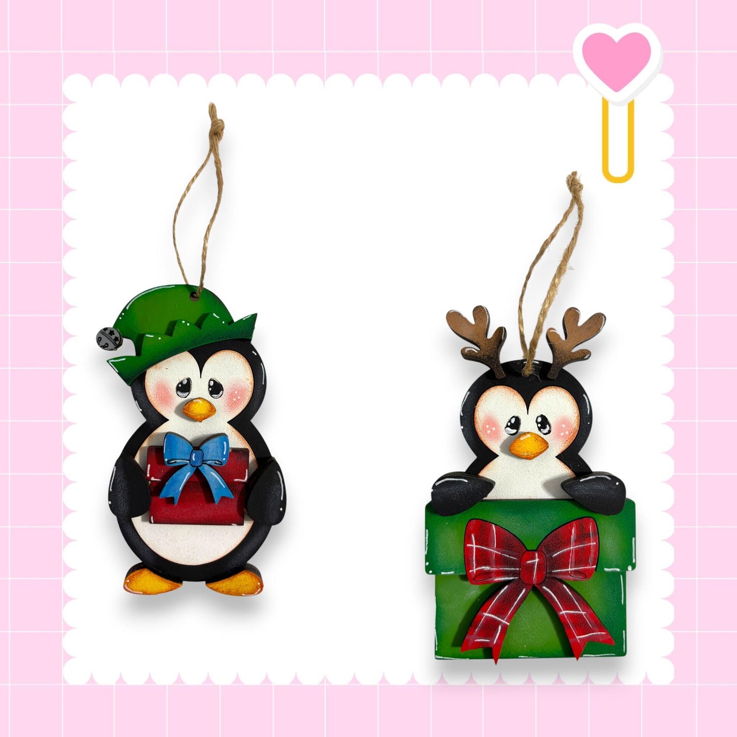 two wooden ornaments, each depicting a different animal character. One ornament is a penguin holding a gift, while the other is a reindeer with a gift box.