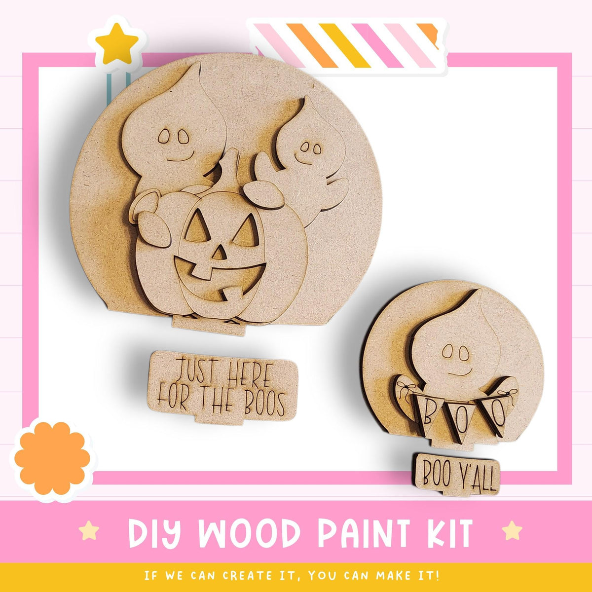 a DIY wood paint kit for creating Halloween decorations, including wooden ghost figures and a carved jack-o-lantern.