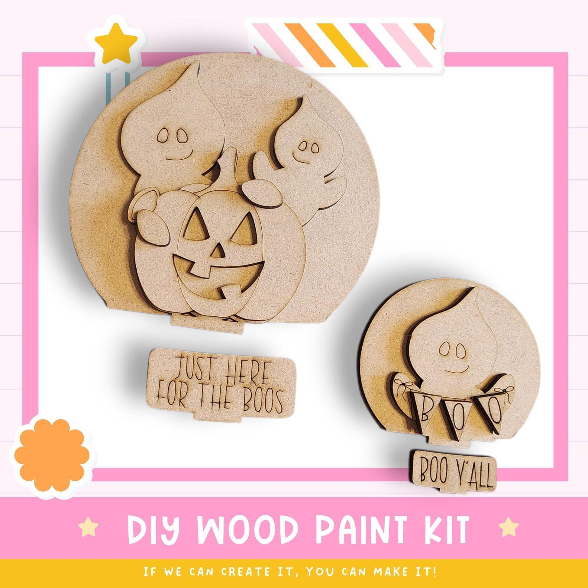 a DIY wood paint kit for creating Halloween decorations, including wooden ghost figures and a carved jack-o-lantern.