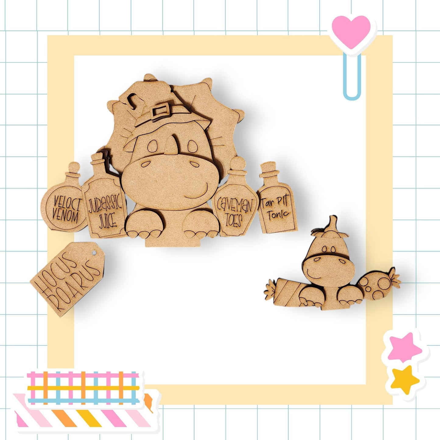 a wooden toy dinosaur and a wooden toy dinosaur, both with labels on them, set against a yellow and white checkered background.