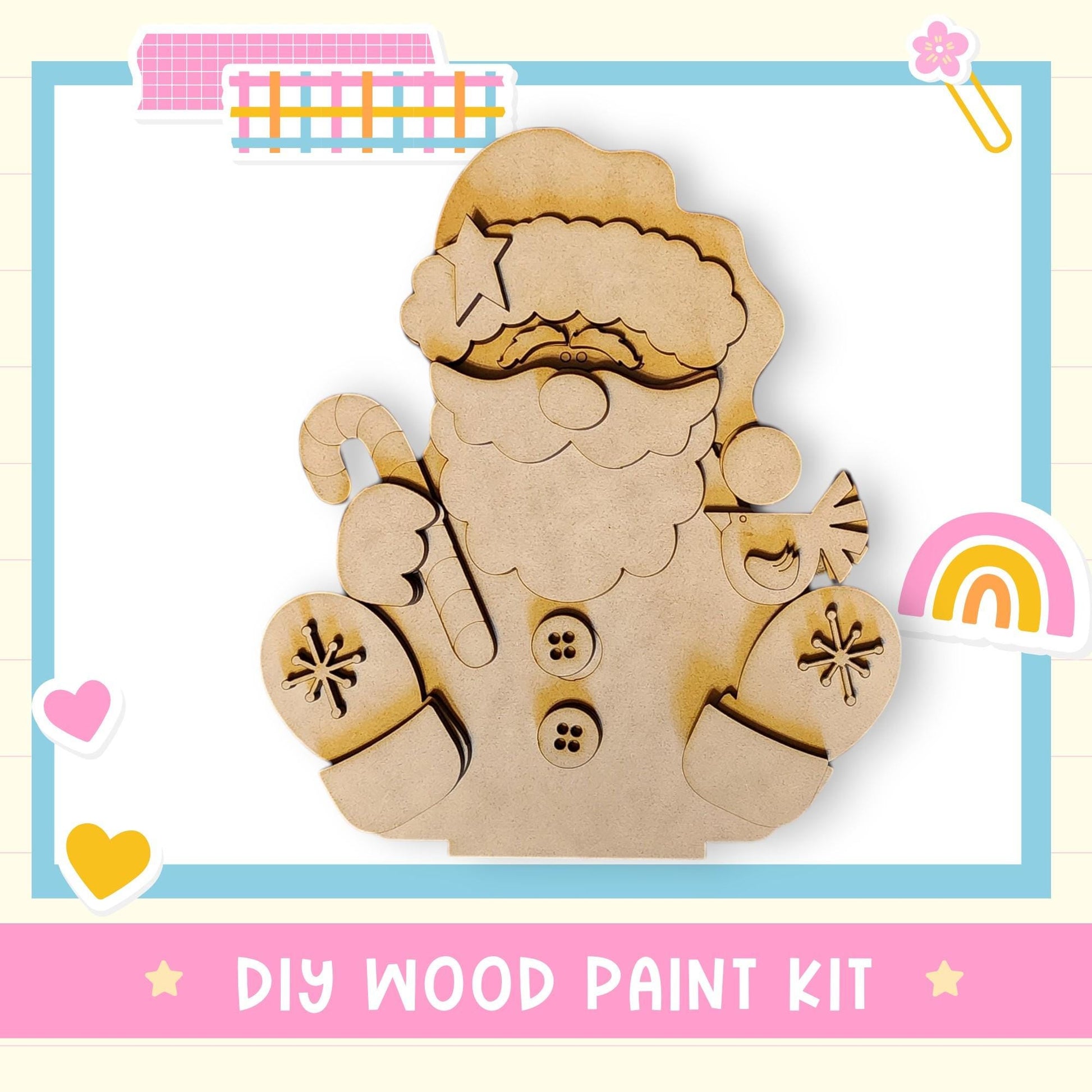 a DIY wood paint kit for creating a wooden Santa Claus figure, with various decorative elements surrounding the central figure.