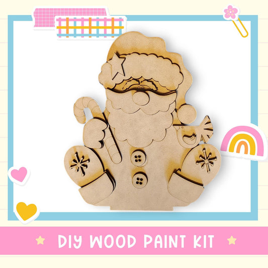 a DIY wood paint kit for creating a wooden Santa Claus figure, with various decorative elements surrounding the central figure.