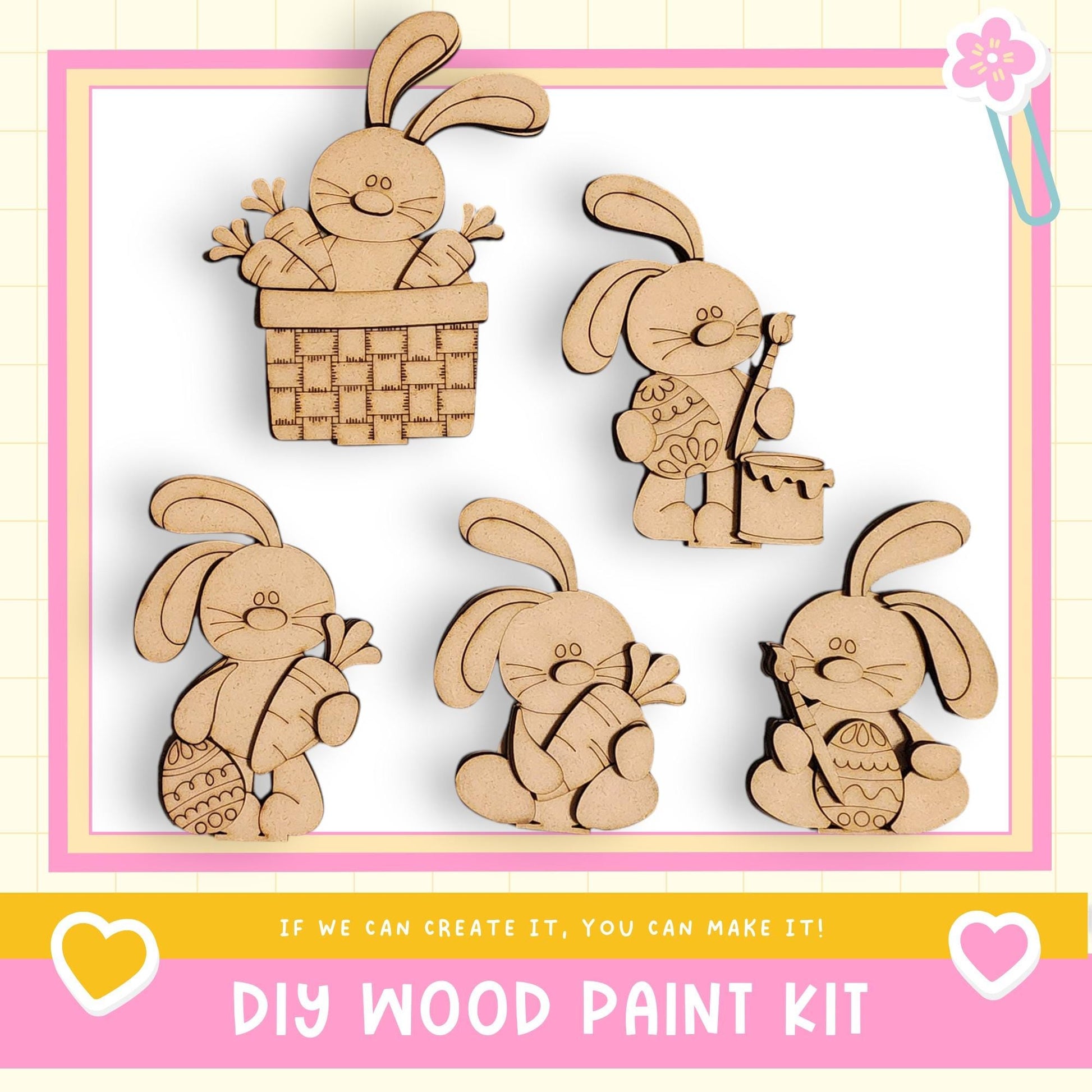 The image is a collage of five wooden rabbit figures, each holding a carrot, arranged in a square frame. The text below the image reads "DIY WOOD PAINT KIT" and "If we can create it, you can make it!"