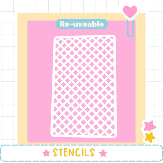a pink background with a white stencil in the center, surrounded by a yellow border. The word "Re-useable" is displayed above the stencil, and the word "STENCILS" is written at the bottom of the image.