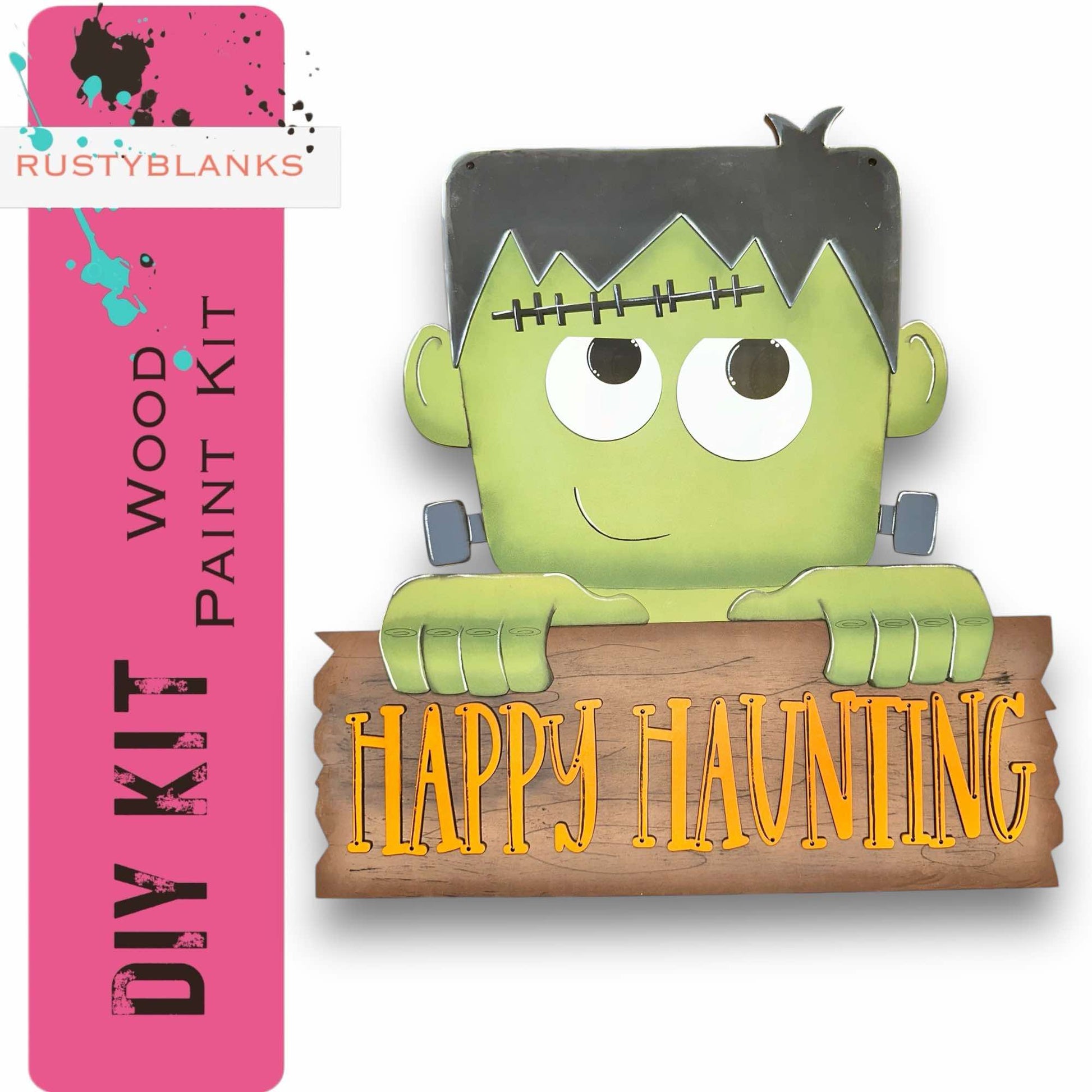 a wooden sign with a cartoon character holding a sign that says happy halloween