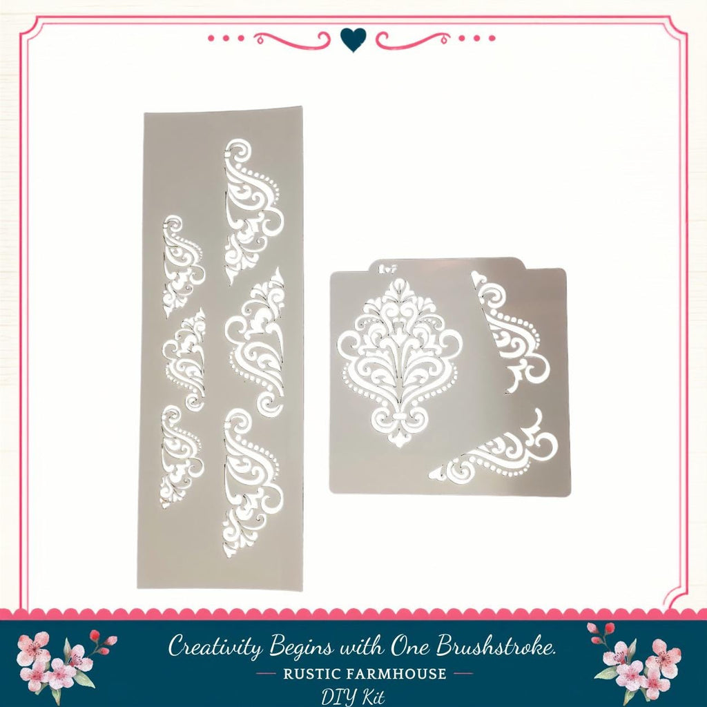 two decorative stencils with intricate floral designs, along with a caption that reads "Creativity Begins with One Brushstroke. Rustic Farmhouse - DIY Kit".
