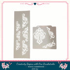 two decorative stencils with intricate floral designs, along with a caption that reads "Creativity Begins with One Brushstroke. Rustic Farmhouse - DIY Kit".
