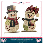 two snowmen, one wearing a top hat and the other wearing a bow, both with colorful outfits and accessories.