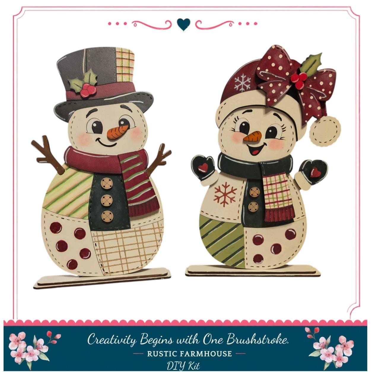 two snowmen, one wearing a top hat and the other wearing a bow, both with colorful outfits and accessories.