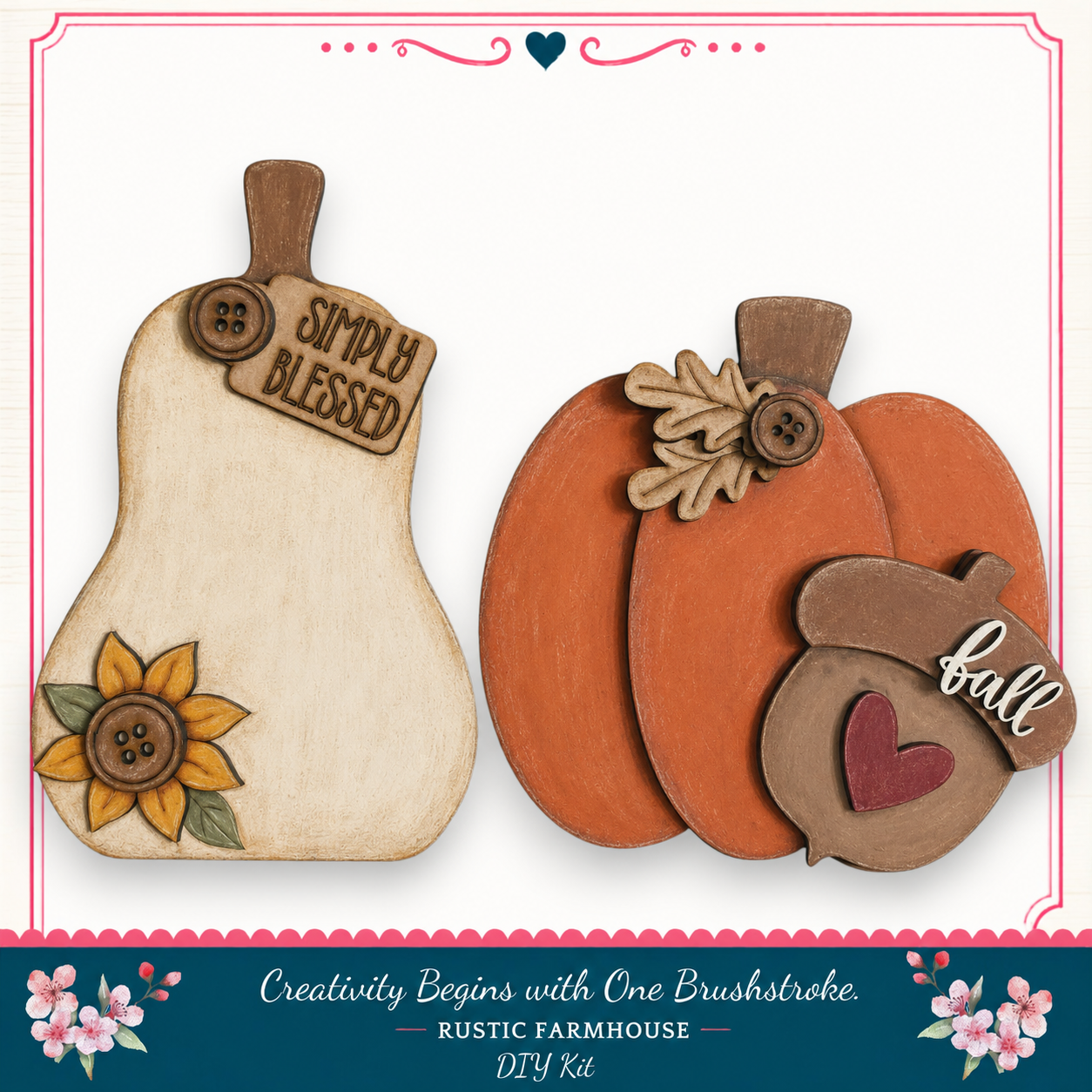 a DIY kit for creativity, including a wooden cutting board with a "SIMPLY BLESSED" sign, a carved pumpkin, and an acorn with a heart.
