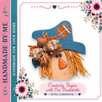 a rustic farmhouse-style scarecrow made of wood, with a plaid hat and a red nose, surrounded by pink and green flowers.