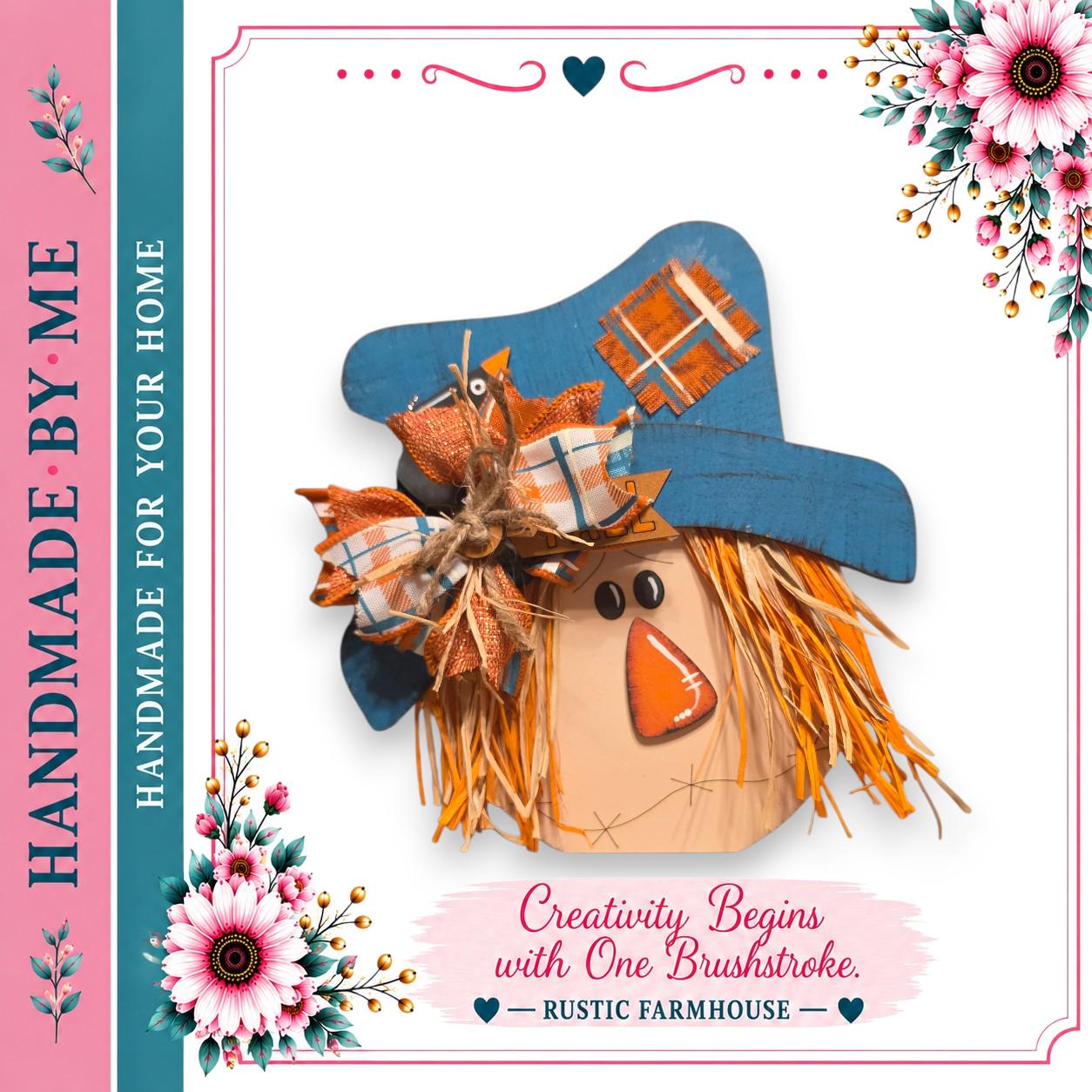 a rustic farmhouse-style scarecrow made of wood, with a plaid hat and a red nose, surrounded by pink and green flowers.