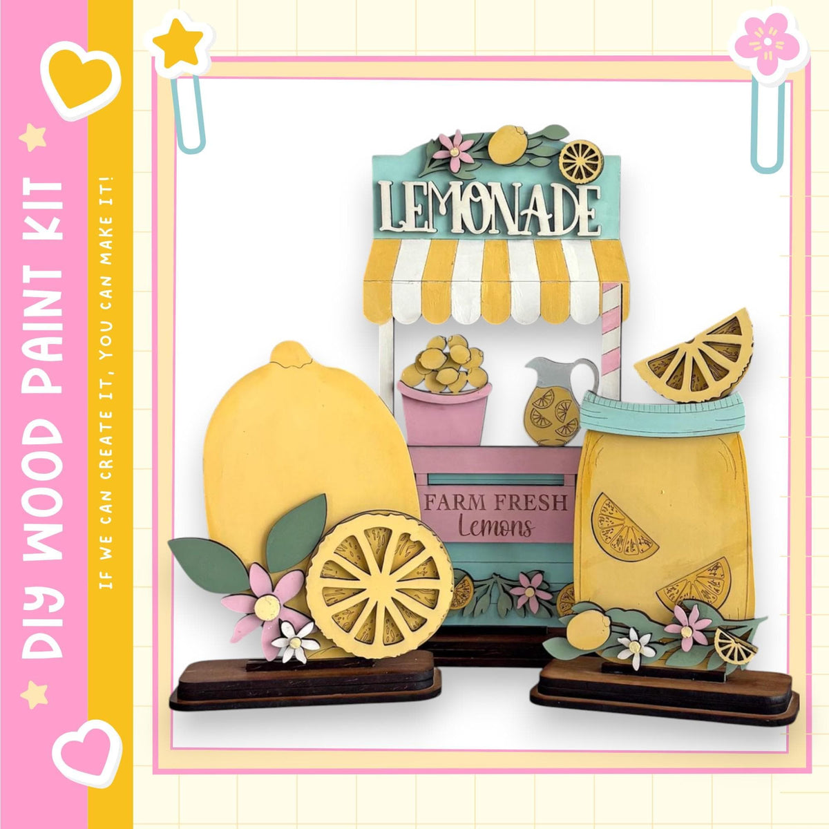 A colorful and whimsical lemonade stand made of various wooden shapes and decorations, including lemons, flowers, and a star.