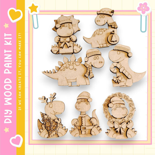 a collection of wooden toy dinosaur figurines, each with unique features and accessories, such as hats and scarves.