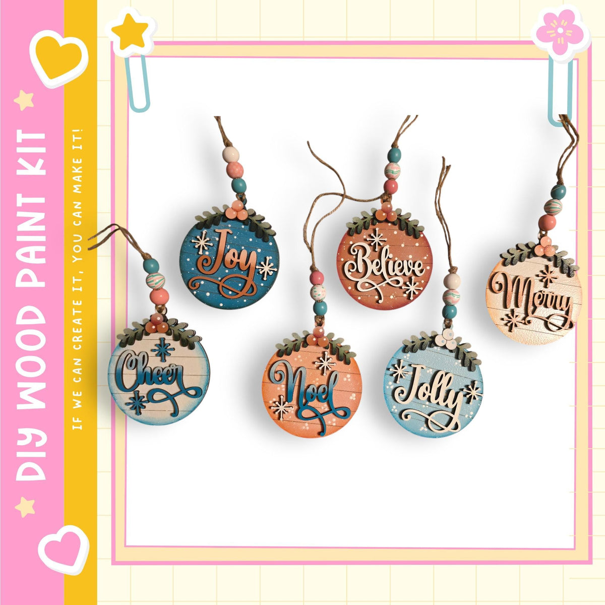 A collection of five wooden ornaments with various holiday-themed sayings hanging from strings.