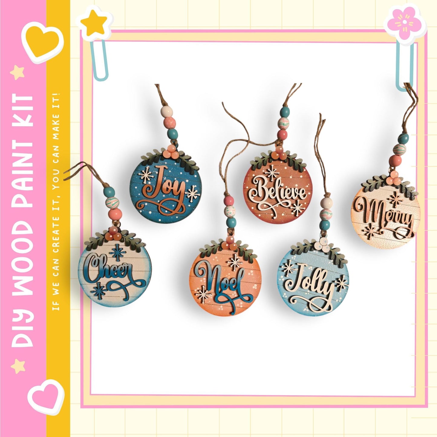 A collection of five wooden ornaments with various holiday-themed sayings hanging from strings.