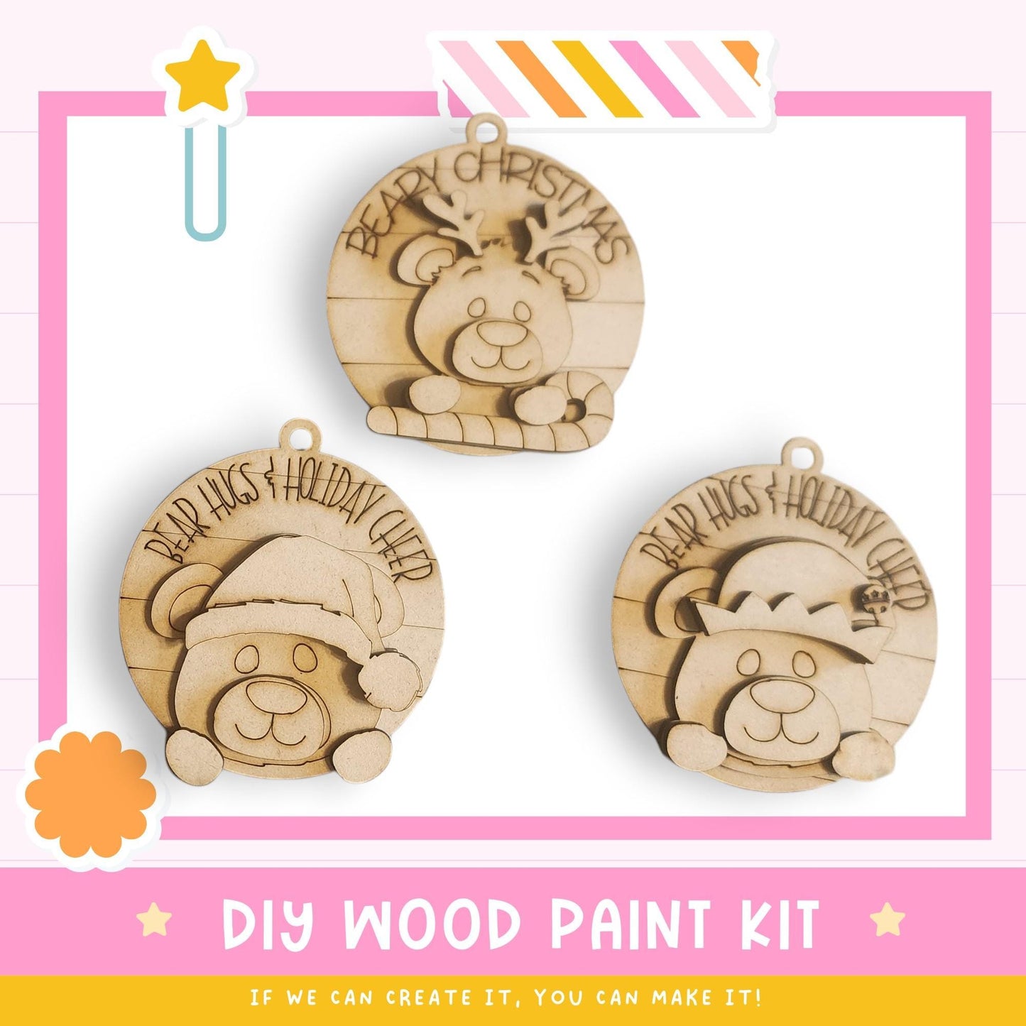 three wooden ornaments with festive holiday designs, including a bear wearing a Santa hat, a reindeer, and a Christmas tree. The ornaments are displayed against a pink background with a white border.