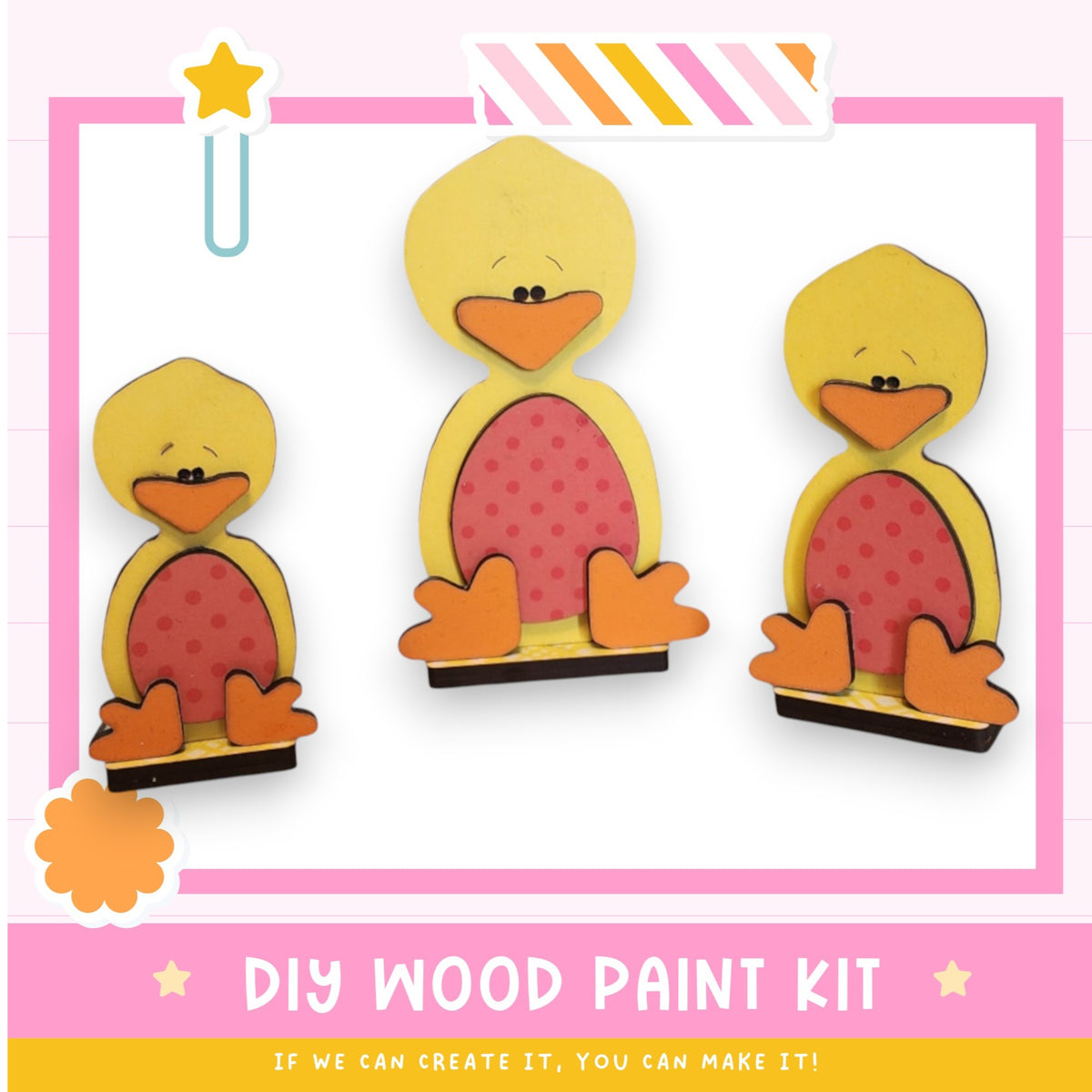 a picture of three wooden ducks with a pink background