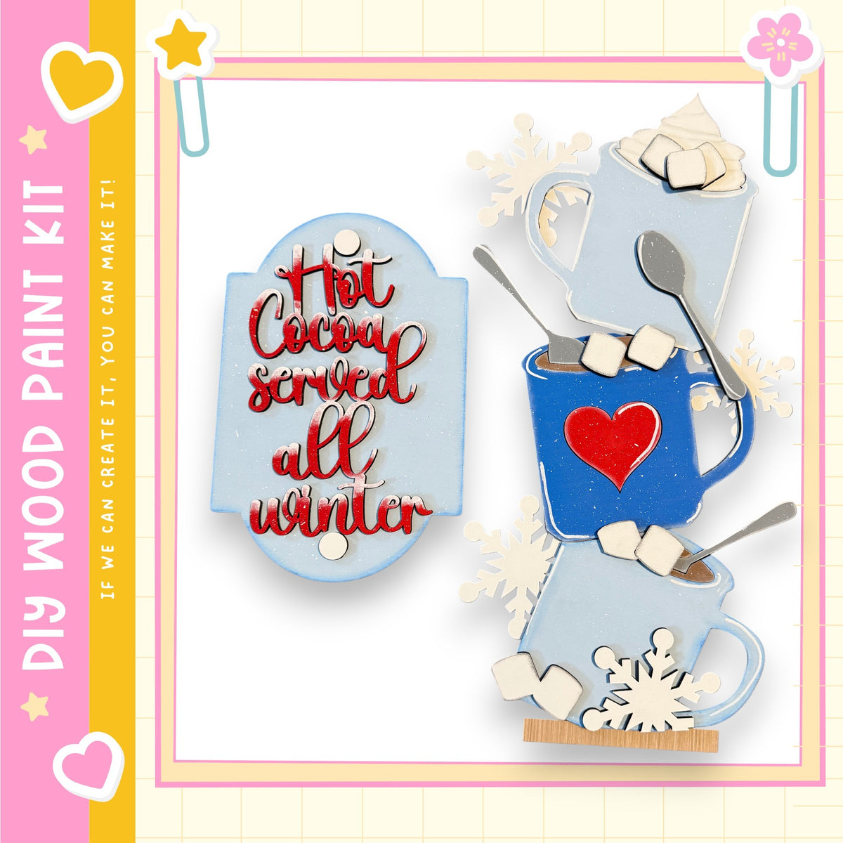 The image is a collage featuring a blue mug with a red heart, surrounded by various objects such as snowflakes, marshmallows, and a sign that says "Hot Cocoa Served All Winter".