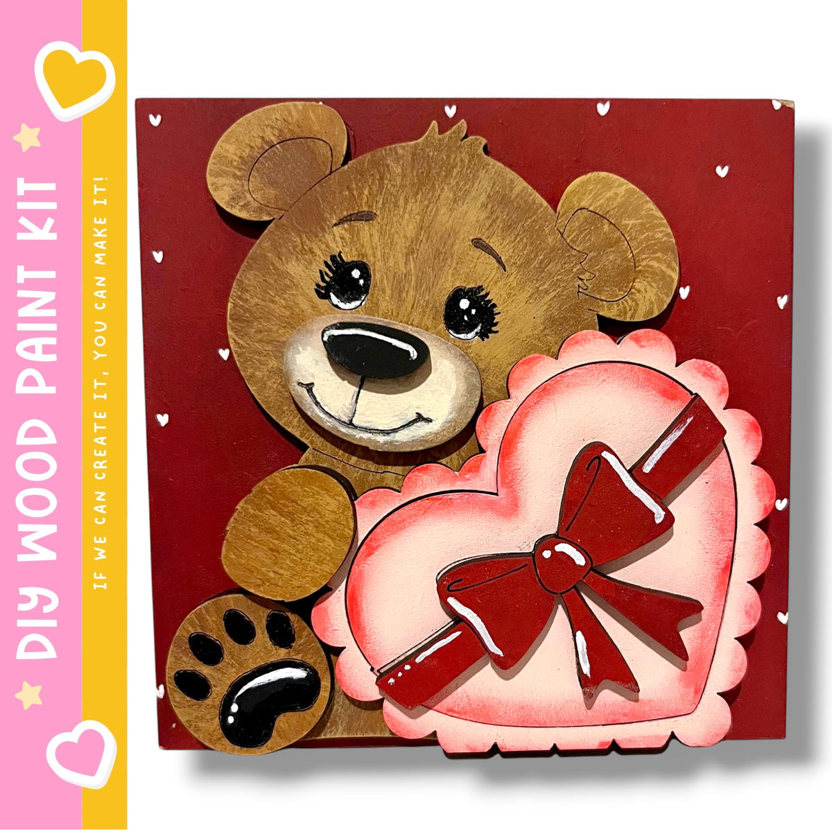 A wooden teddy bear holding a heart-shaped object with a red ribbon, set against a red background with white hearts scattered throughout.
