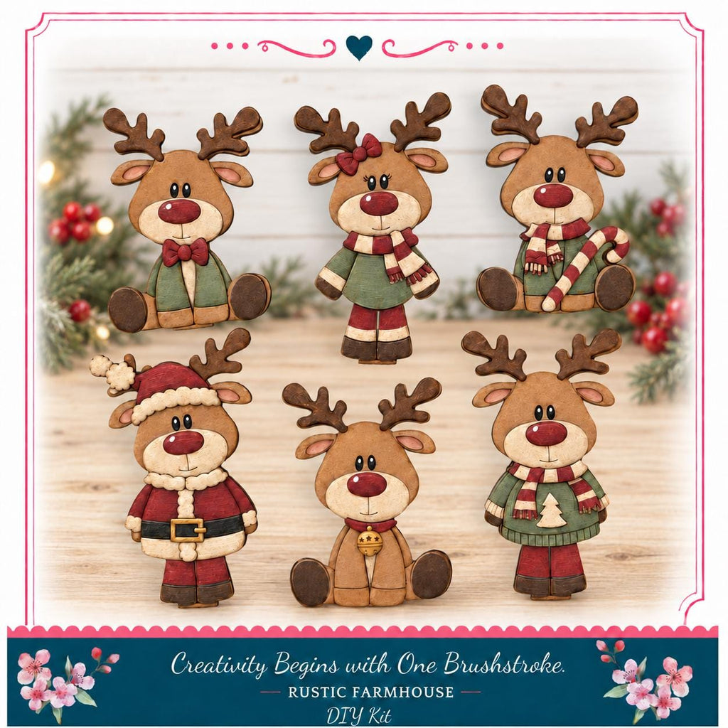 A collage of six wooden reindeer figures in various festive outfits, including Santa Claus, a Christmas tree, and other holiday-themed elements, set against a background of holiday decorations.