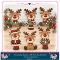 A collage of six wooden reindeer figures in various festive outfits, including Santa Claus, a Christmas tree, and other holiday-themed elements, set against a background of holiday decorations.