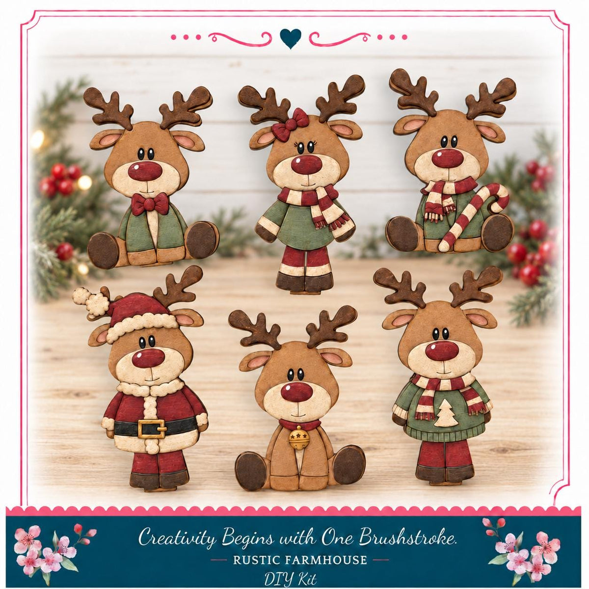A collage of six wooden reindeer figures in various festive outfits, including Santa Claus, a Christmas tree, and other holiday-themed elements, set against a background of holiday decorations.