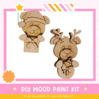 two wooden toys, a teddy bear and a reindeer, along with a DIY wood paint kit. The kit is designed for creating these toys and other wooden items.