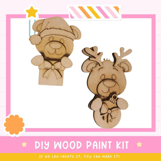 two wooden toys, a teddy bear and a reindeer, along with a DIY wood paint kit. The kit is designed for creating these toys and other wooden items.
