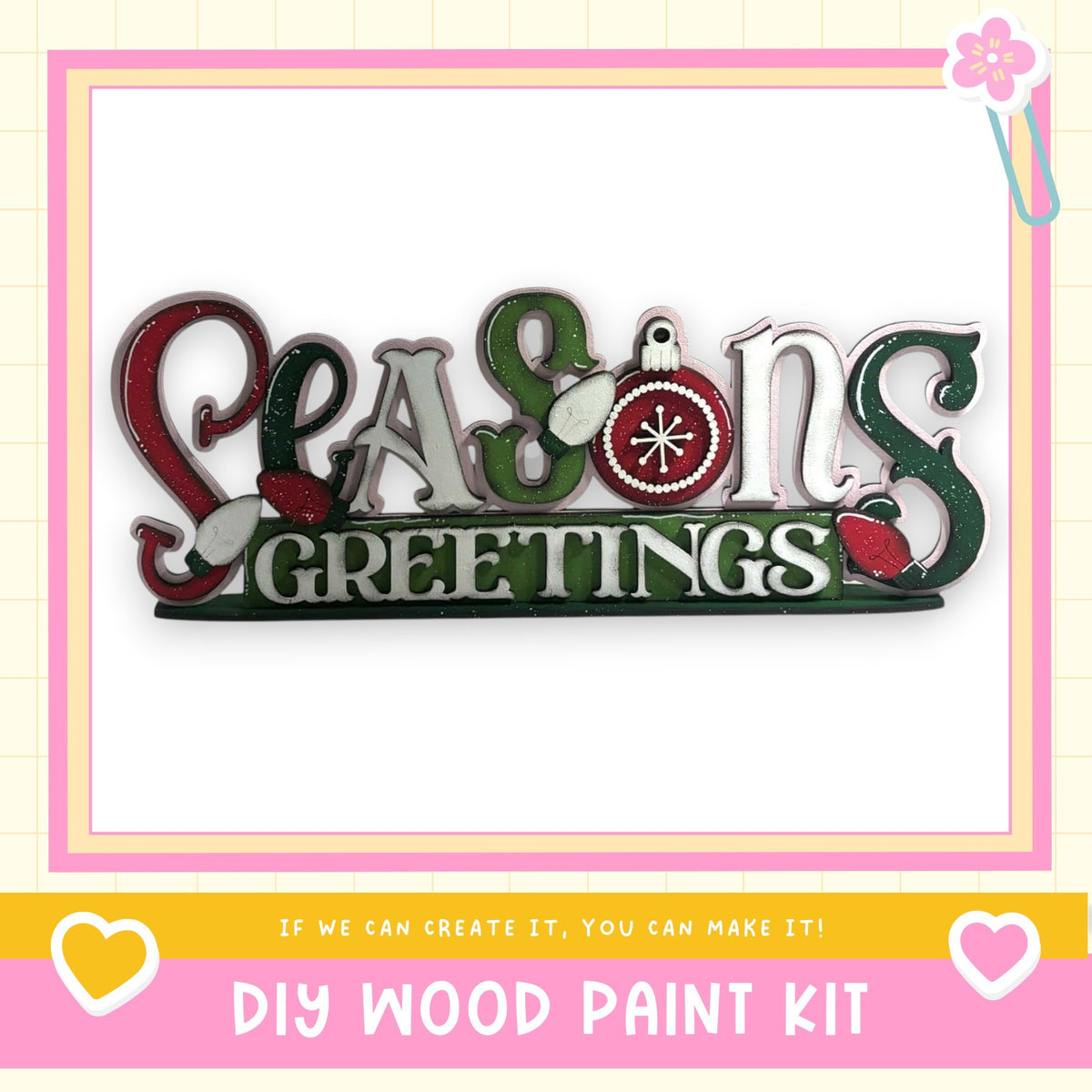 The image is a DIY wood paint kit for creating a seasonal greeting sign.