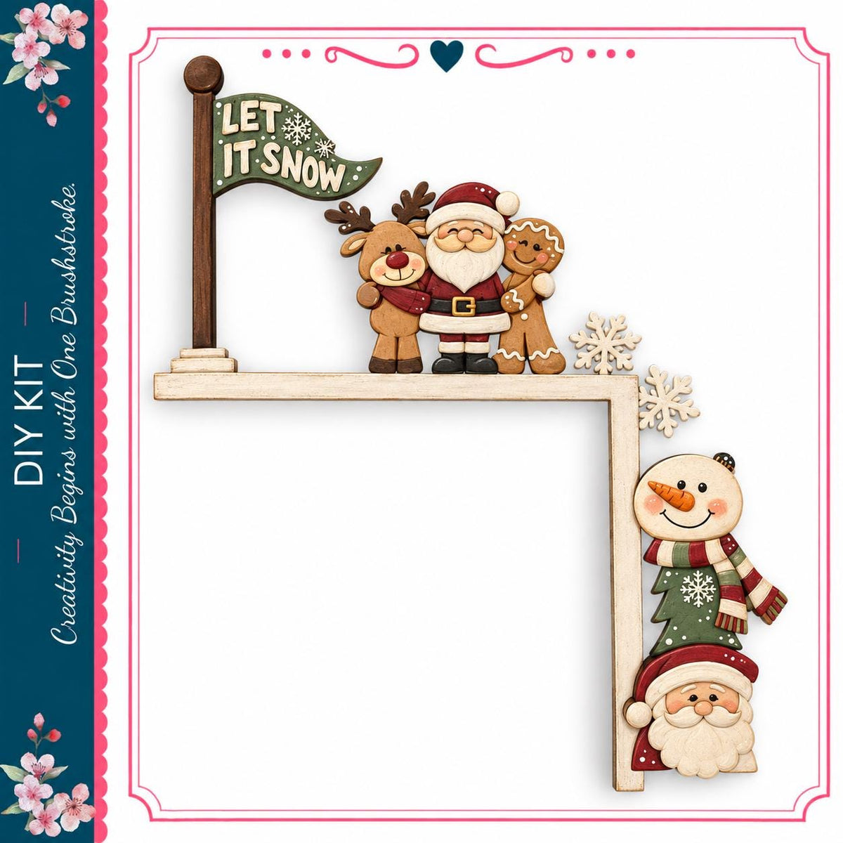 A festive holiday scene with a Santa Claus figure, a gingerbread man, a snowman, and a reindeer, all set against a snowy background. The image appears to be a collage of multiple smaller images, and the phrase "LET IT SNOW" is visible, suggesting a winter theme.