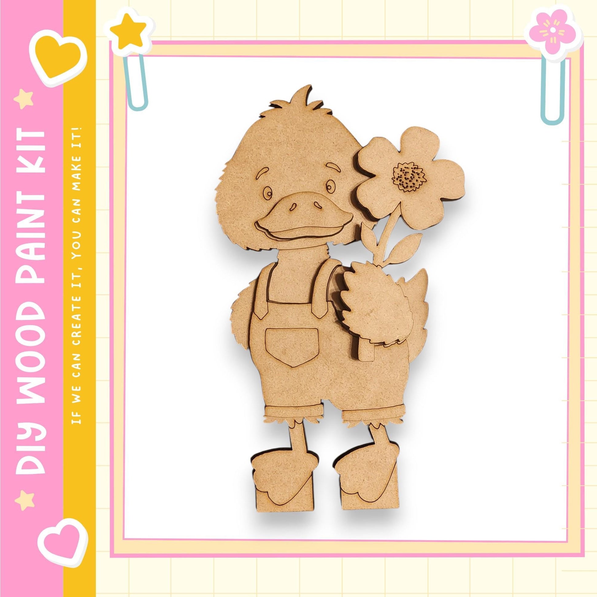 A wooden cutout of a cartoon duck holding a flower is displayed against a pink and yellow background.