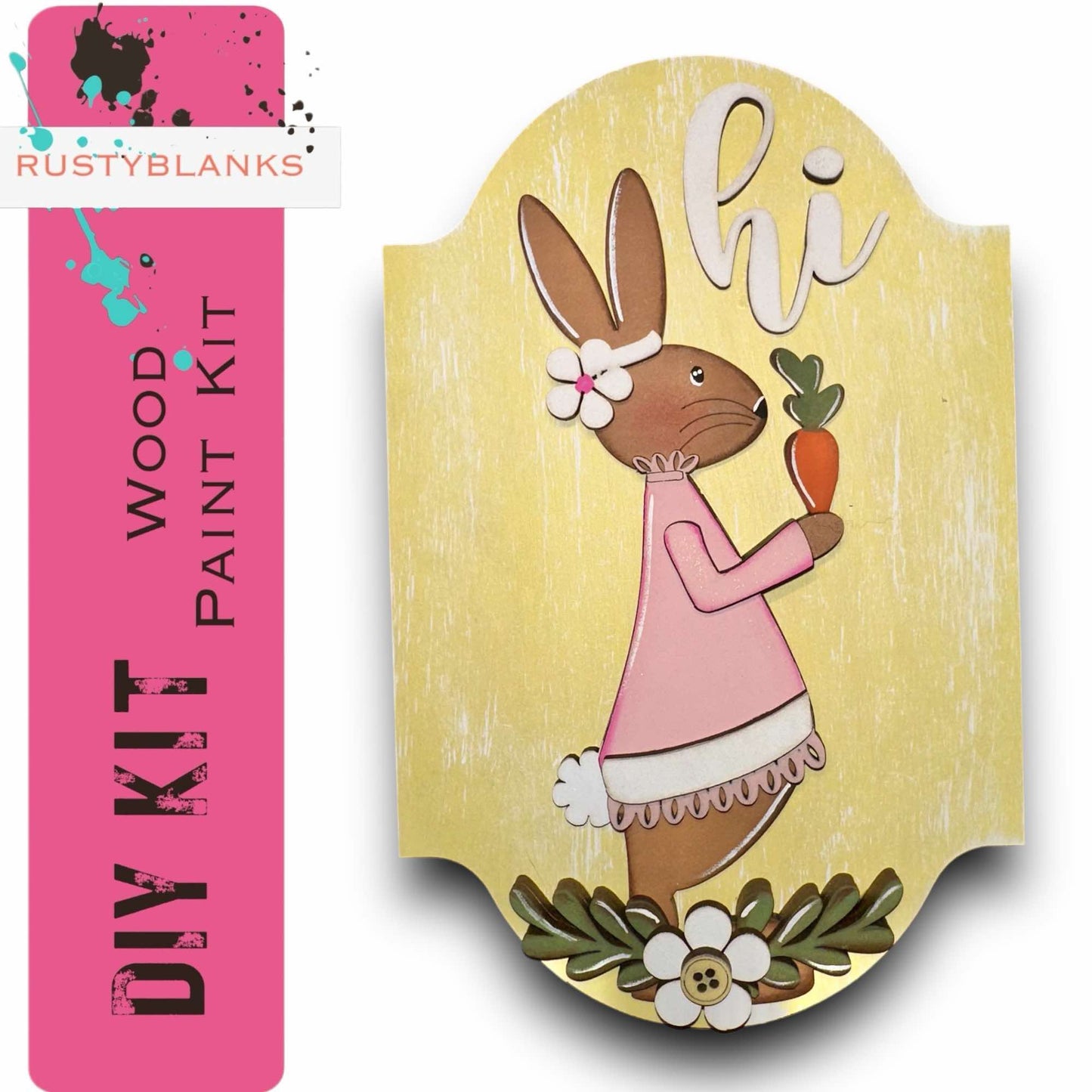 a wooden sign with a rabbit holding a carrot