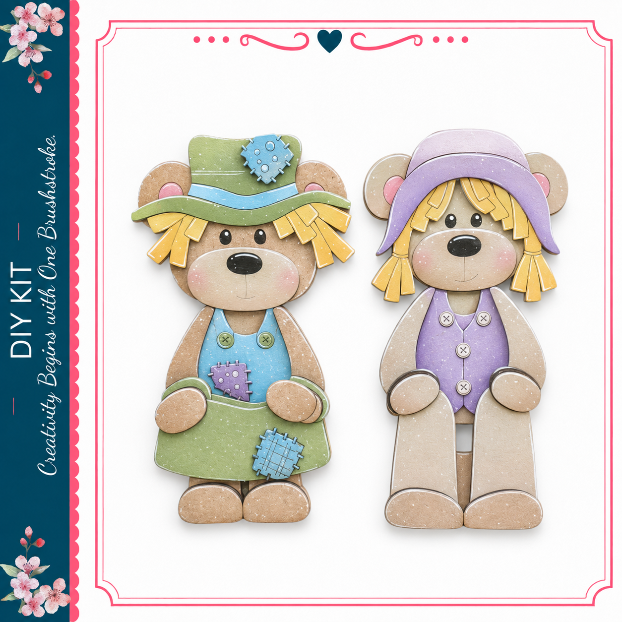 two cute teddy bears, one wearing a green hat and the other wearing a purple hat, both holding a small blue heart.