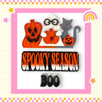The image is a Halloween-themed collage featuring a spooky "Spooky Season" banner, a ghost, a cat, and a pumpkin. The banner has the text "Spooky Season" in a bold, orange font, and the word "BOO" is displayed below it. The background of the image is pink and white, with a checkered pattern.