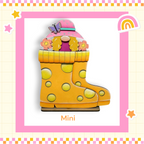 A colorful illustration of a yellow polka-dotted rain boot with a pink hat and flowers on top, surrounded by a pink and yellow checkered border and various decorative elements.